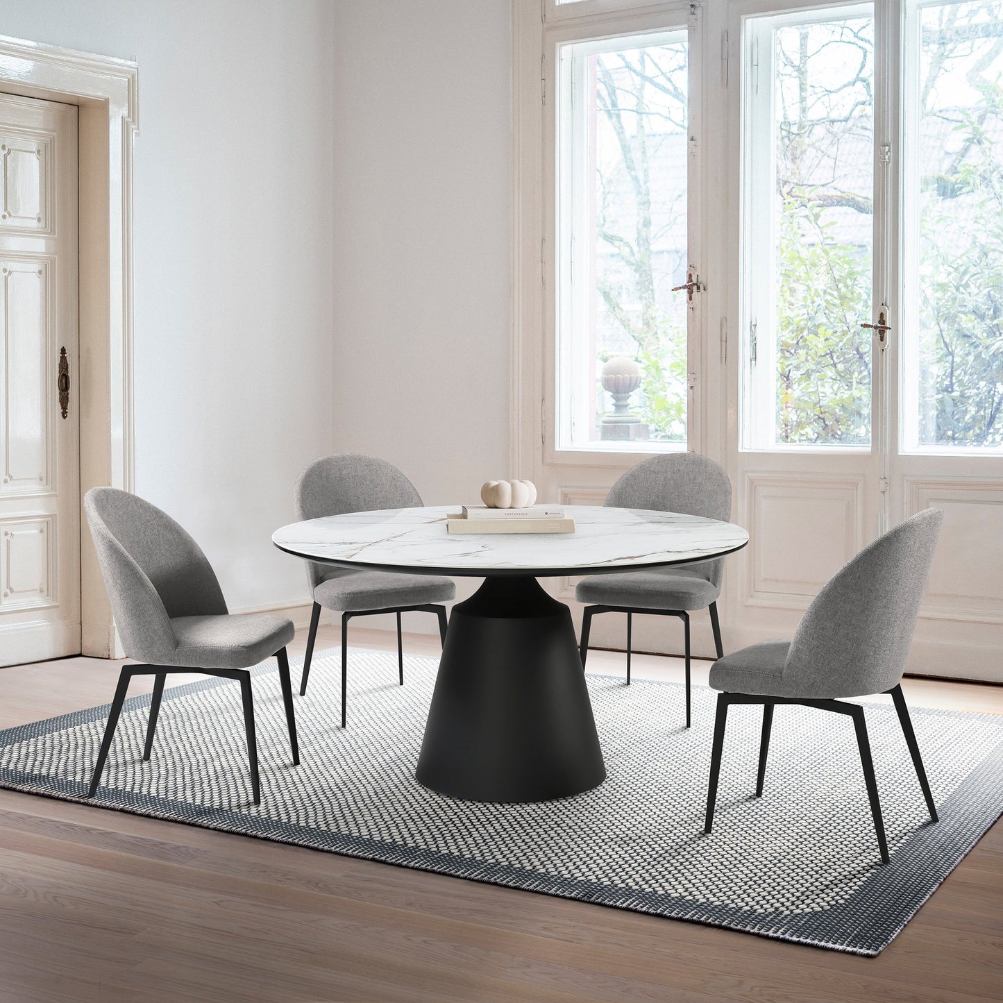 Knox Round Dining Table with Stone Top and Black Metal Base