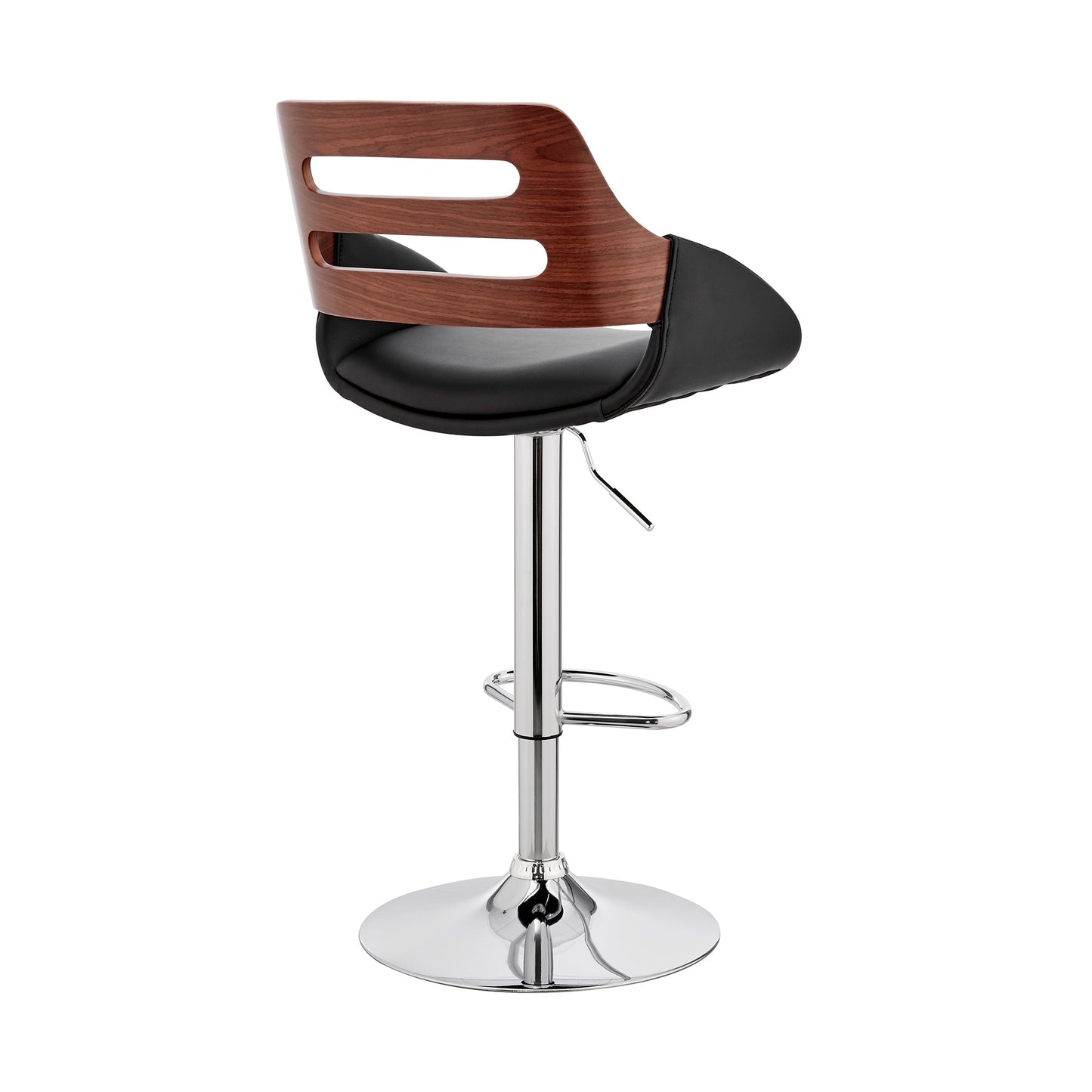 Karter Adjustable Black Faux Leather and Walnut Wood Bar Stool with Chrome Base