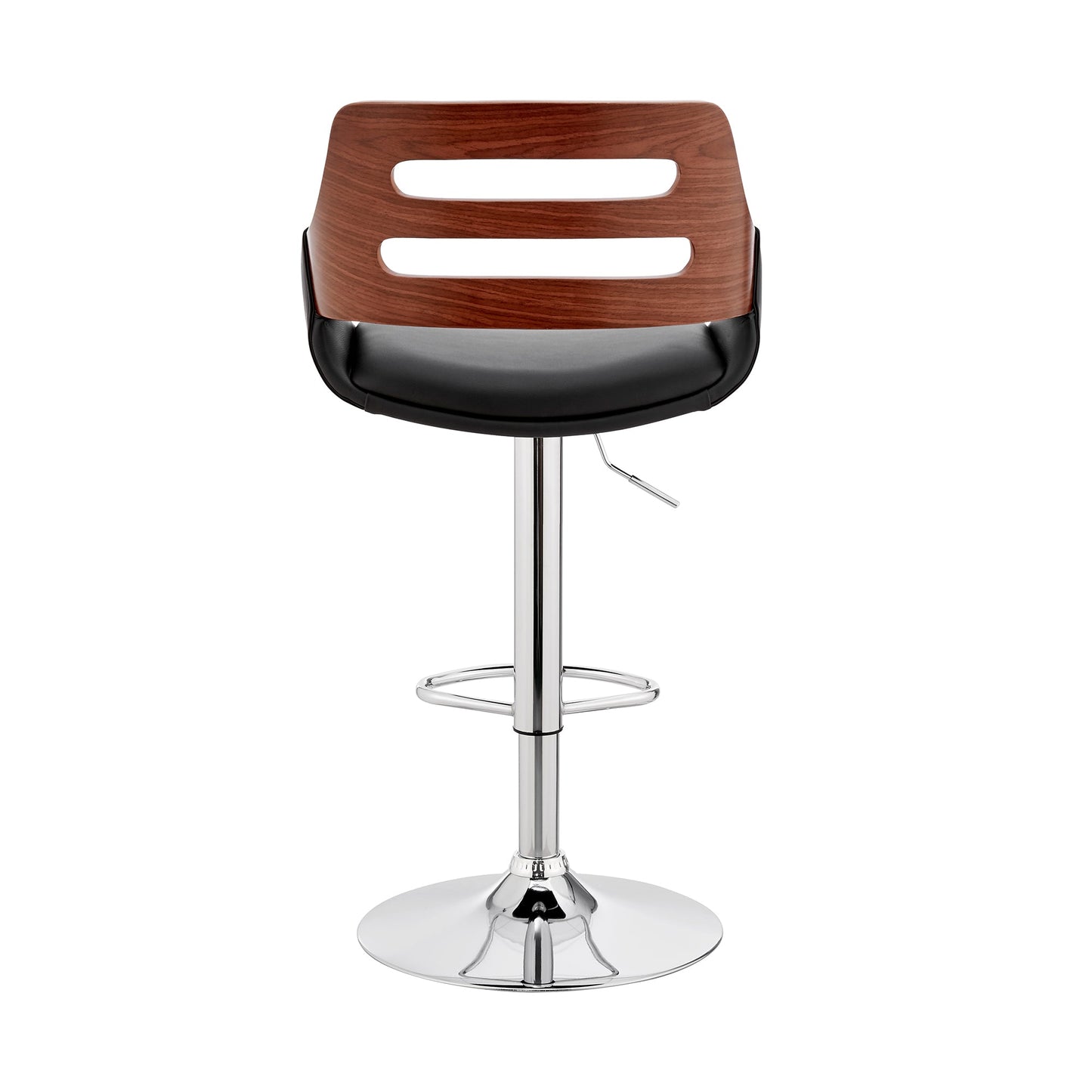 Karter Adjustable Black Faux Leather and Walnut Wood Bar Stool with Chrome Base