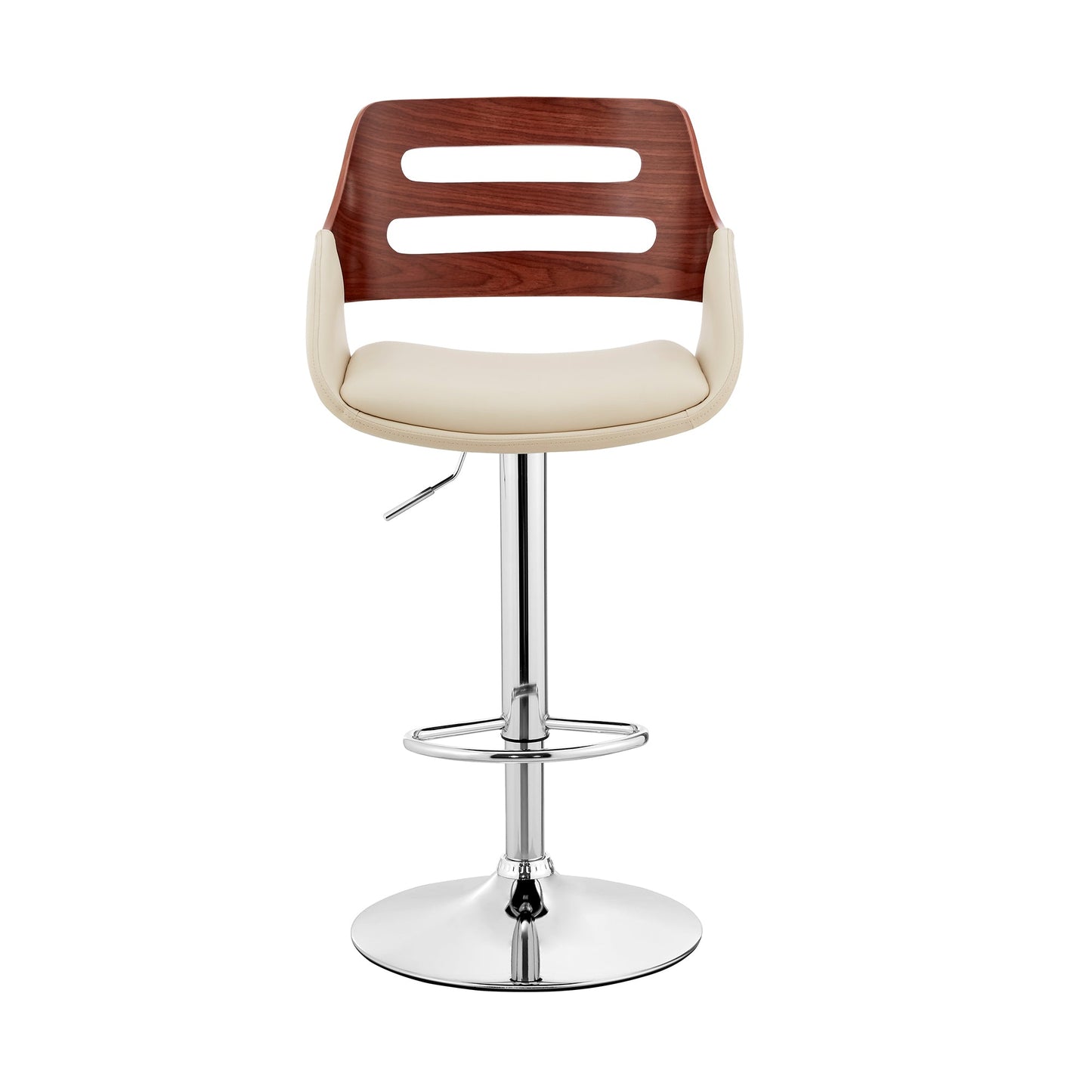 Karter Adjustable Cream Faux Leather and Walnut Wood Bar Stool with Chrome Base