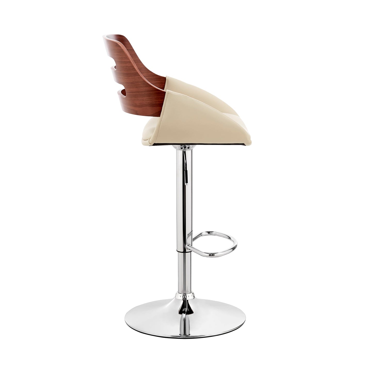 Karter Adjustable Cream Faux Leather and Walnut Wood Bar Stool with Chrome Base