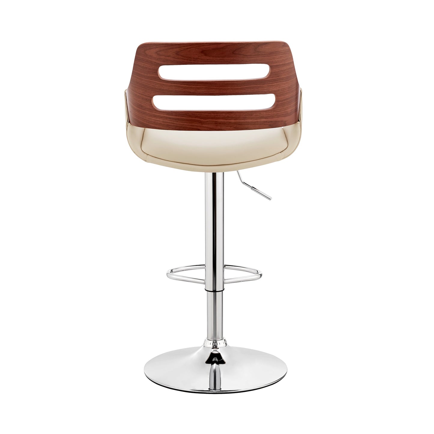 Karter Adjustable Cream Faux Leather and Walnut Wood Bar Stool with Chrome Base