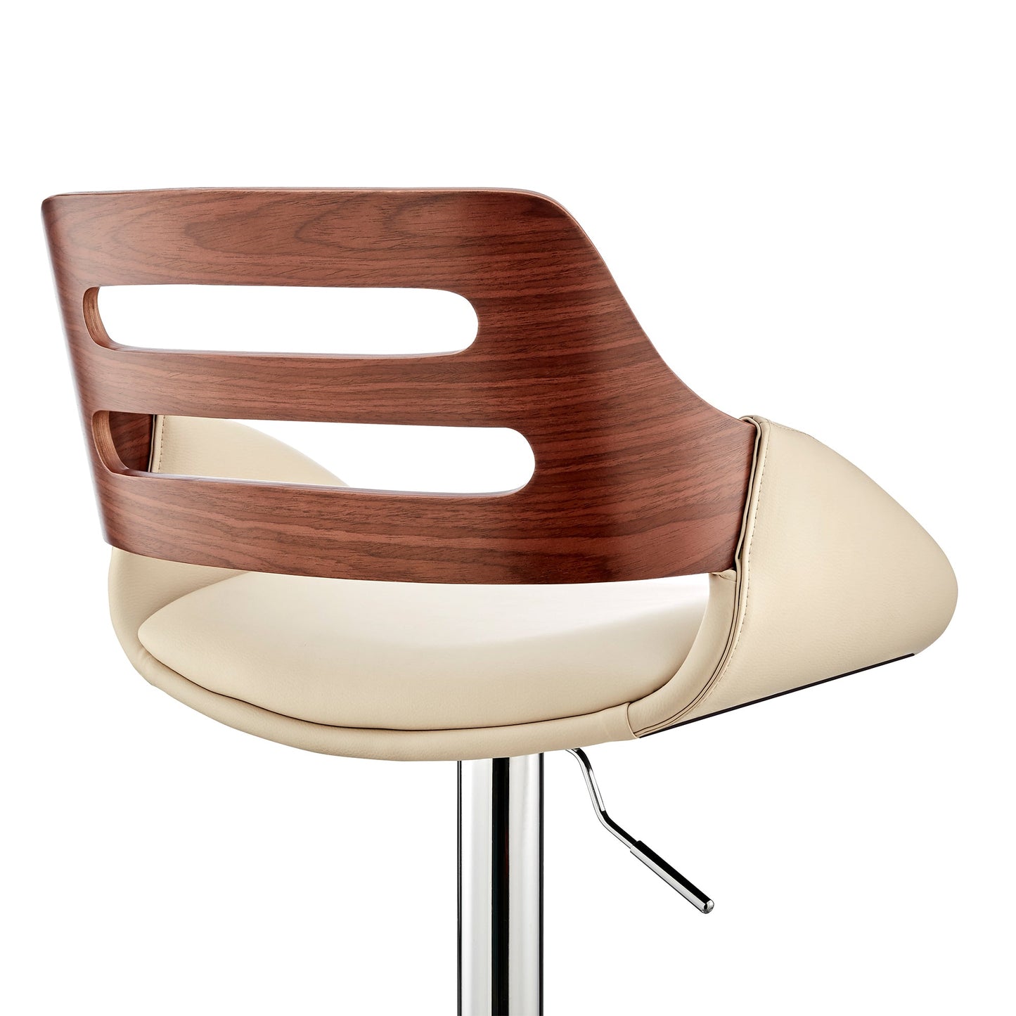 Karter Adjustable Cream Faux Leather and Walnut Wood Bar Stool with Chrome Base