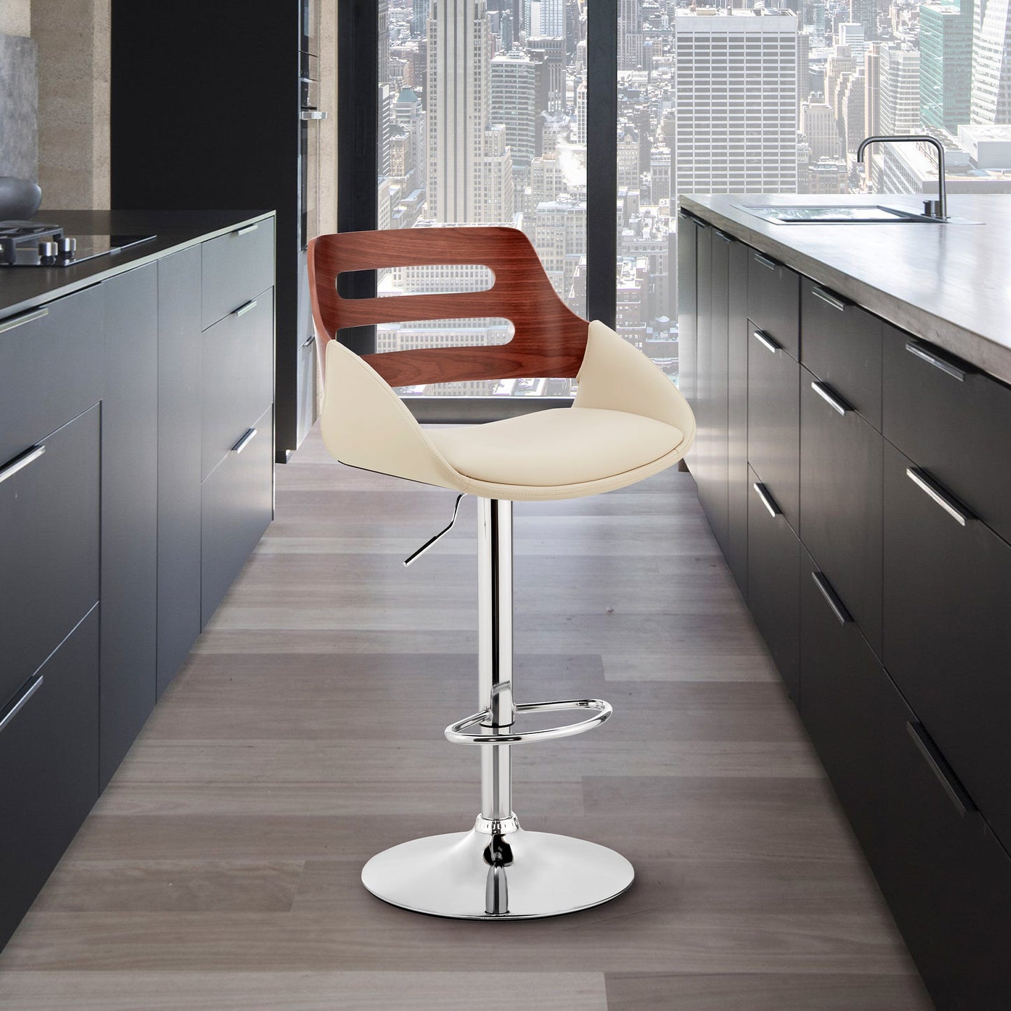 Karter Adjustable Cream Faux Leather and Walnut Wood Bar Stool with Chrome Base