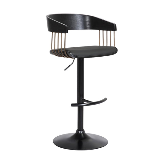 Larisa Adjustable Black Wood Bar Stool in Black Faux Leather with Golden Bronze and Black Metal