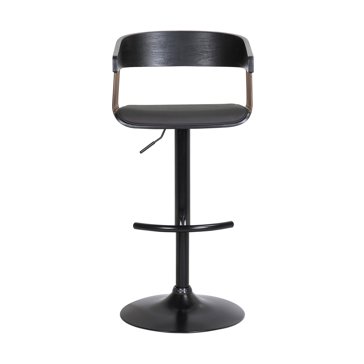 Larisa Adjustable Black Wood Bar Stool in Black Faux Leather with Golden Bronze and Black Metal