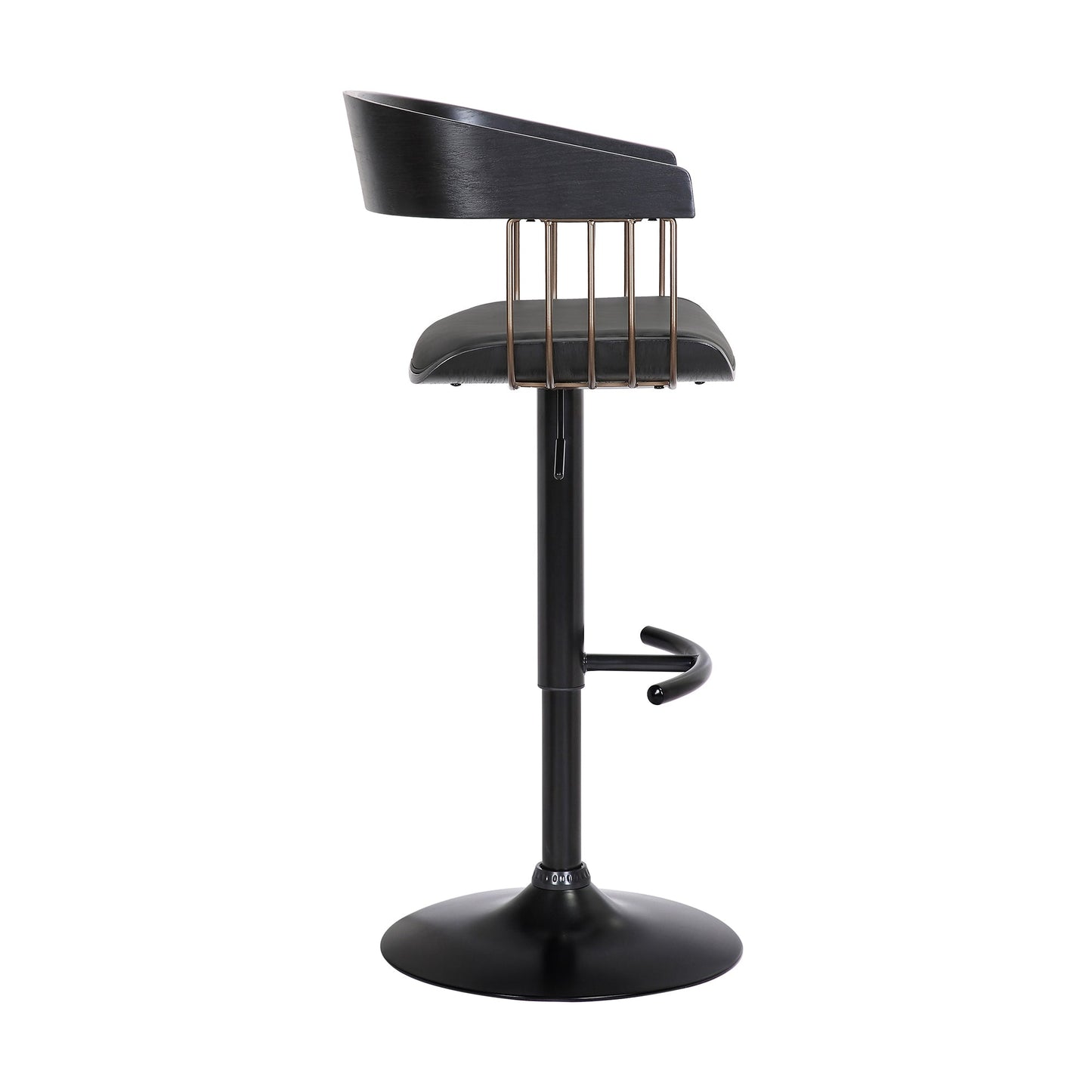 Larisa Adjustable Black Wood Bar Stool in Black Faux Leather with Golden Bronze and Black Metal