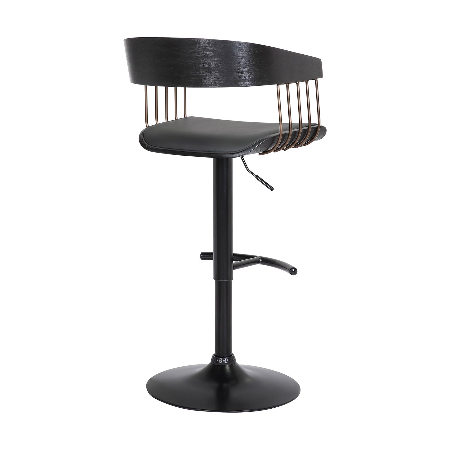 Larisa Adjustable Black Wood Bar Stool in Black Faux Leather with Golden Bronze and Black Metal