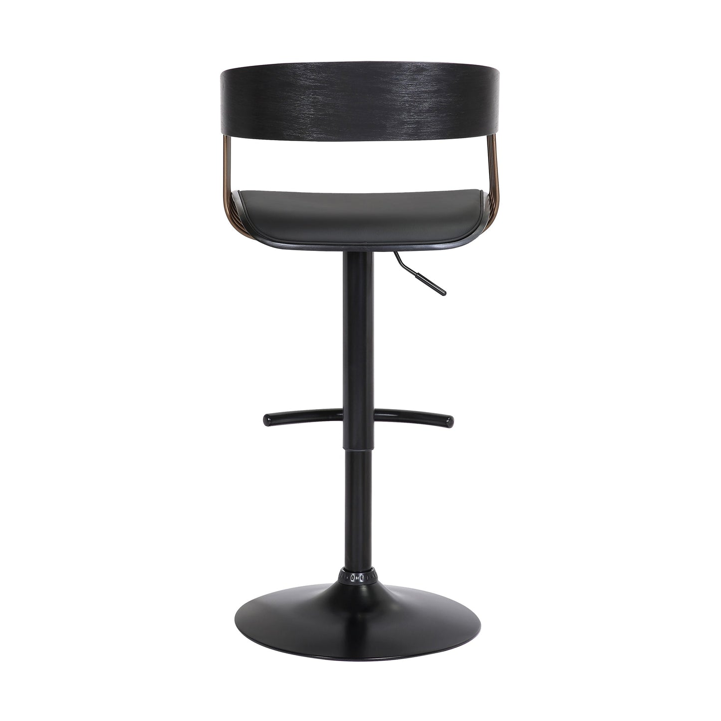 Larisa Adjustable Black Wood Bar Stool in Black Faux Leather with Golden Bronze and Black Metal