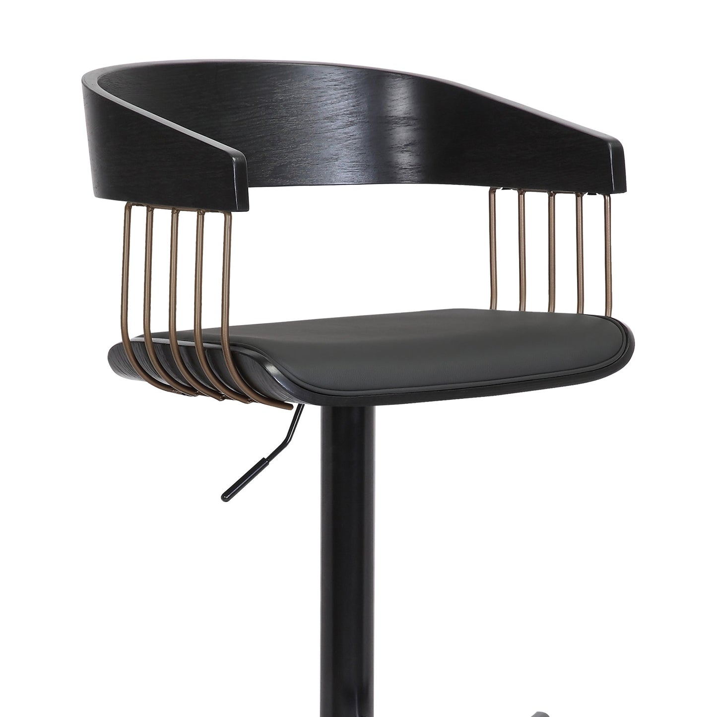 Larisa Adjustable Black Wood Bar Stool in Black Faux Leather with Golden Bronze and Black Metal