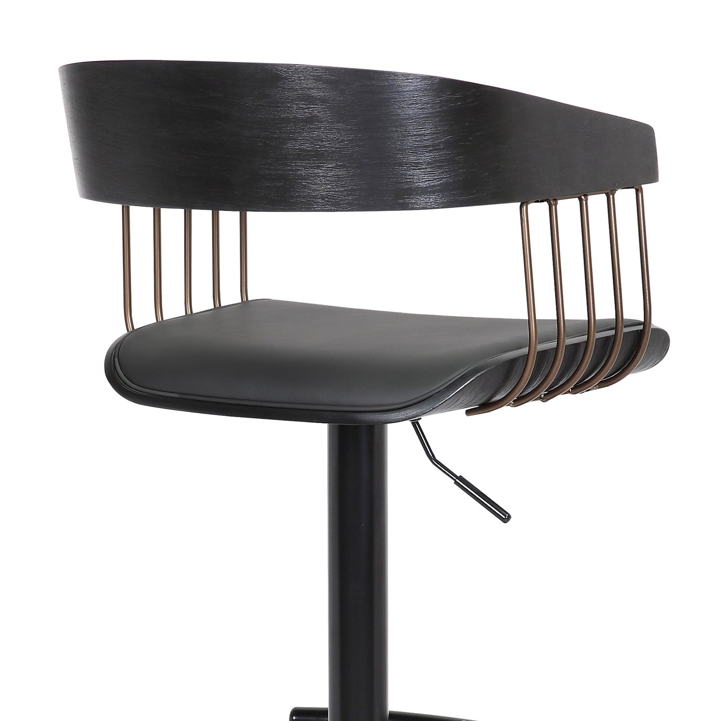 Larisa Adjustable Black Wood Bar Stool in Black Faux Leather with Golden Bronze and Black Metal