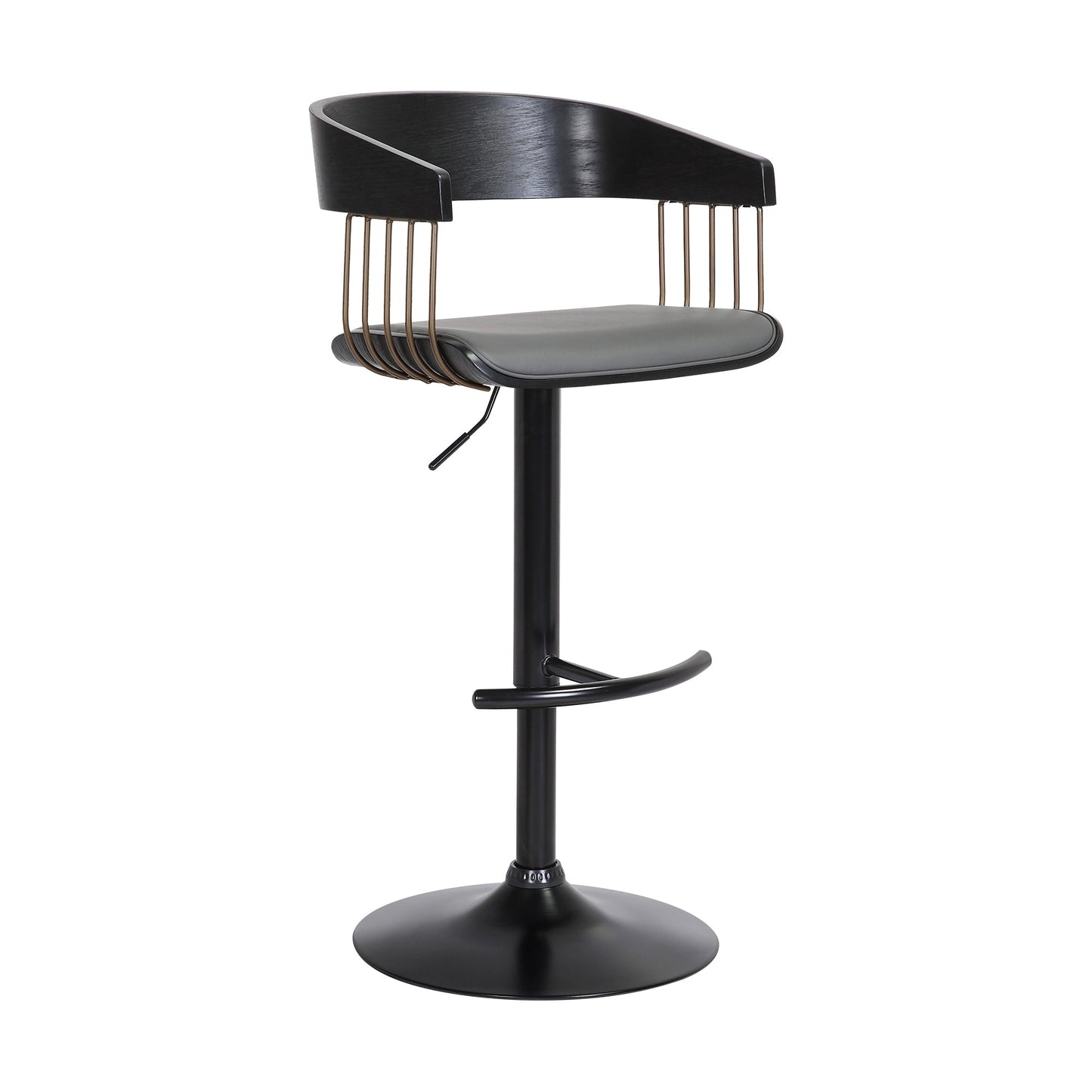 Larisa Adjustable Black Wood Bar Stool in Gray Faux Leather with Golden Bronze and Black Metal