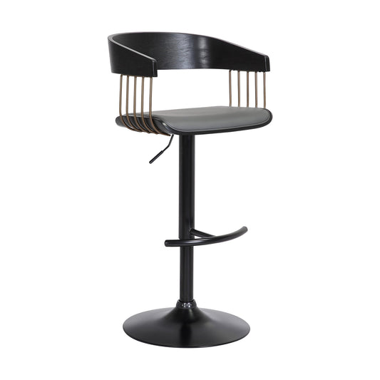 Larisa Adjustable Black Wood Bar Stool in Gray Faux Leather with Golden Bronze and Black Metal