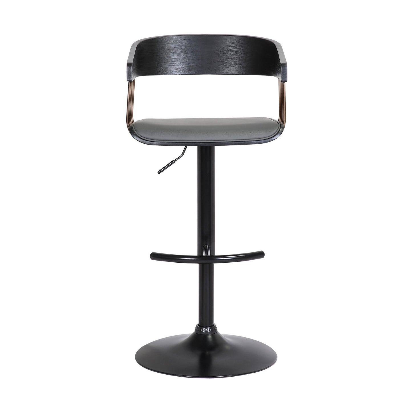 Larisa Adjustable Black Wood Bar Stool in Gray Faux Leather with Golden Bronze and Black Metal