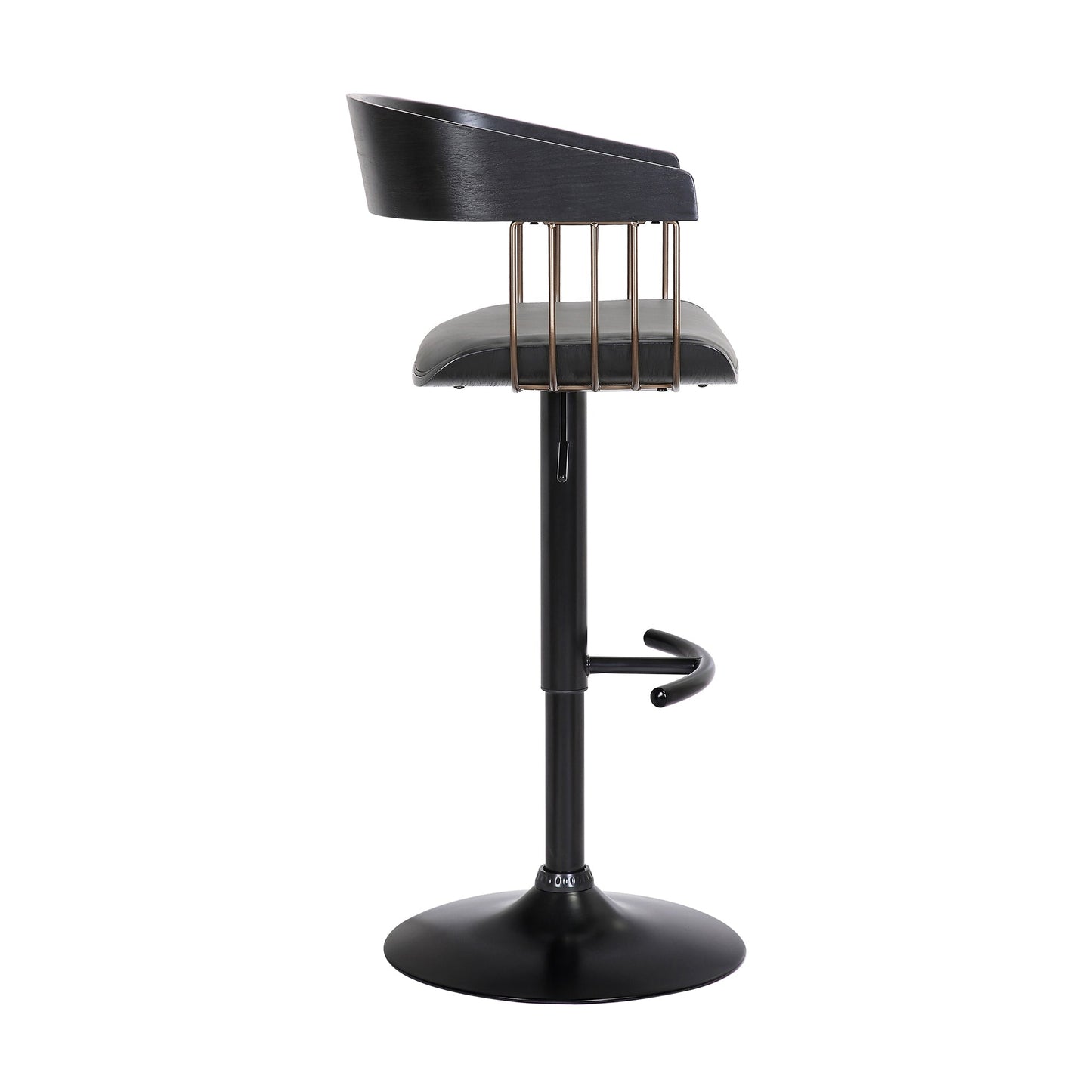 Larisa Adjustable Black Wood Bar Stool in Gray Faux Leather with Golden Bronze and Black Metal