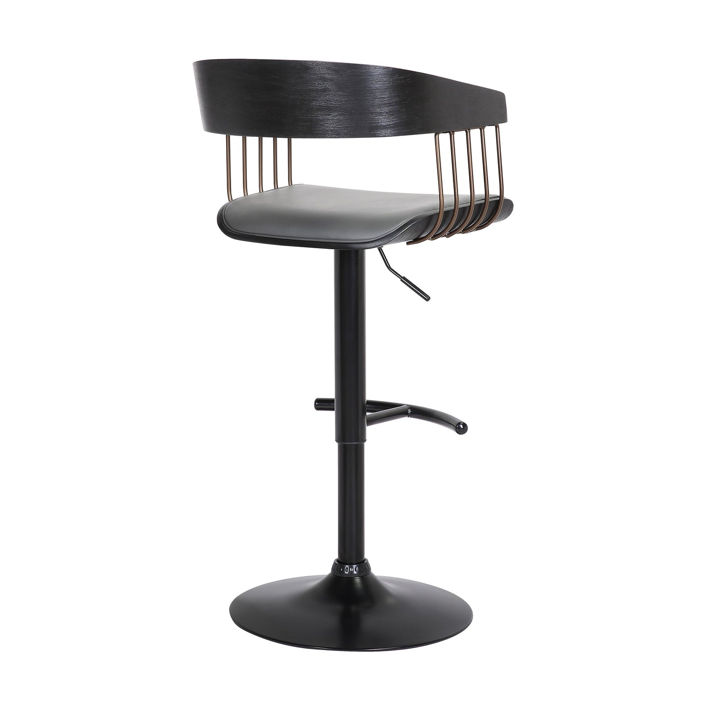 Larisa Adjustable Black Wood Bar Stool in Gray Faux Leather with Golden Bronze and Black Metal