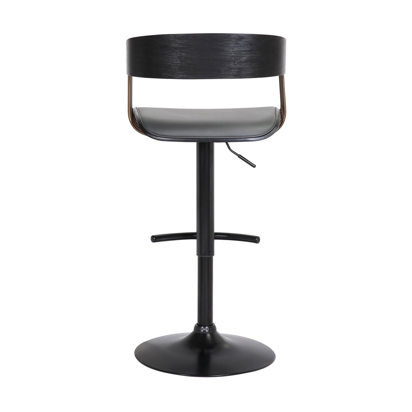 Larisa Adjustable Black Wood Bar Stool in Gray Faux Leather with Golden Bronze and Black Metal