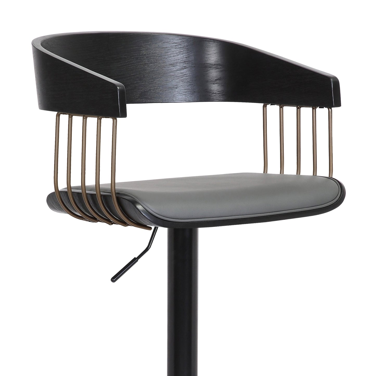 Larisa Adjustable Black Wood Bar Stool in Gray Faux Leather with Golden Bronze and Black Metal