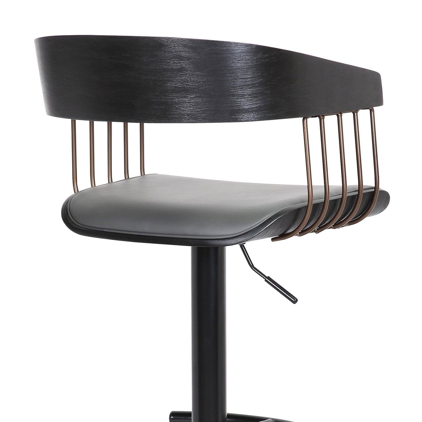 Larisa Adjustable Black Wood Bar Stool in Gray Faux Leather with Golden Bronze and Black Metal