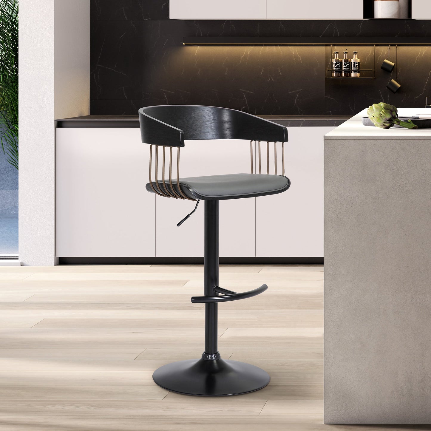 Larisa Adjustable Black Wood Bar Stool in Gray Faux Leather with Golden Bronze and Black Metal