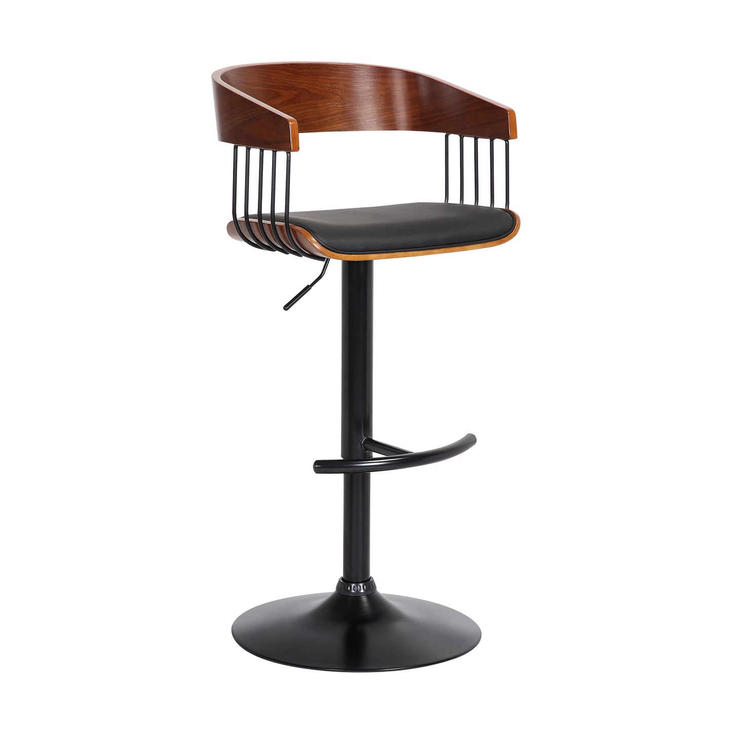 Larisa Adjustable Walnut Wood Bar Stool in Black Faux Leather with Black Metal