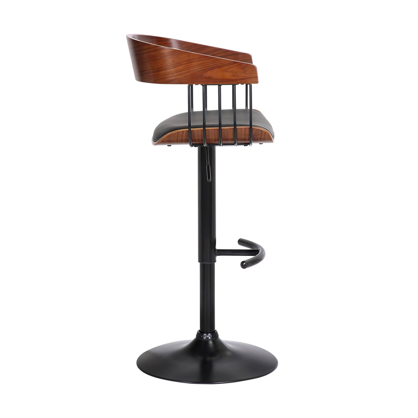 Larisa Adjustable Walnut Wood Bar Stool in Black Faux Leather with Black Metal