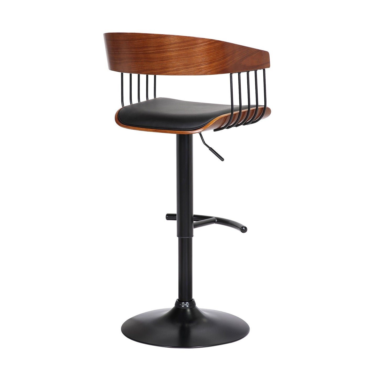 Larisa Adjustable Walnut Wood Bar Stool in Black Faux Leather with Black Metal