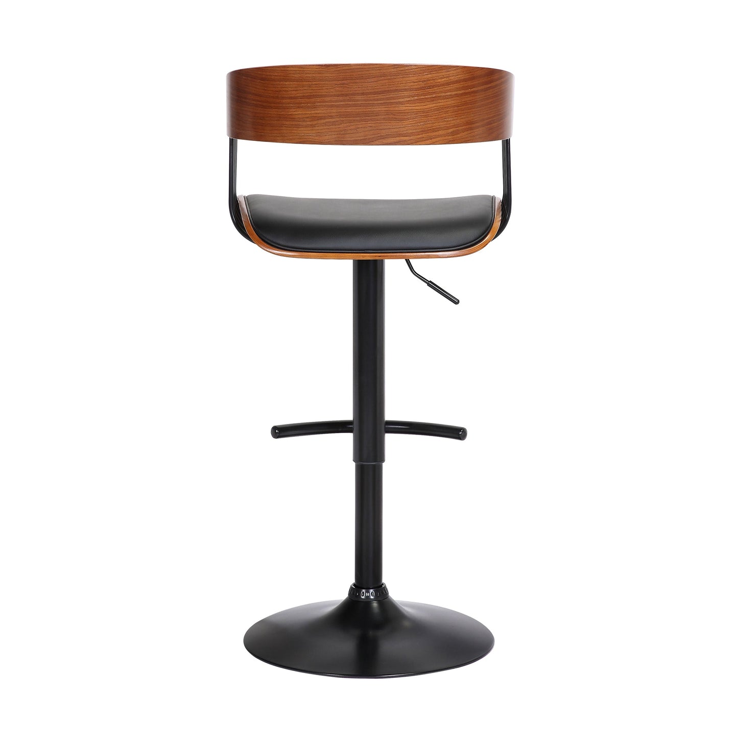 Larisa Adjustable Walnut Wood Bar Stool in Black Faux Leather with Black Metal