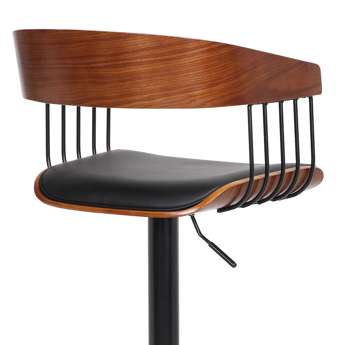 Larisa Adjustable Walnut Wood Bar Stool in Black Faux Leather with Black Metal