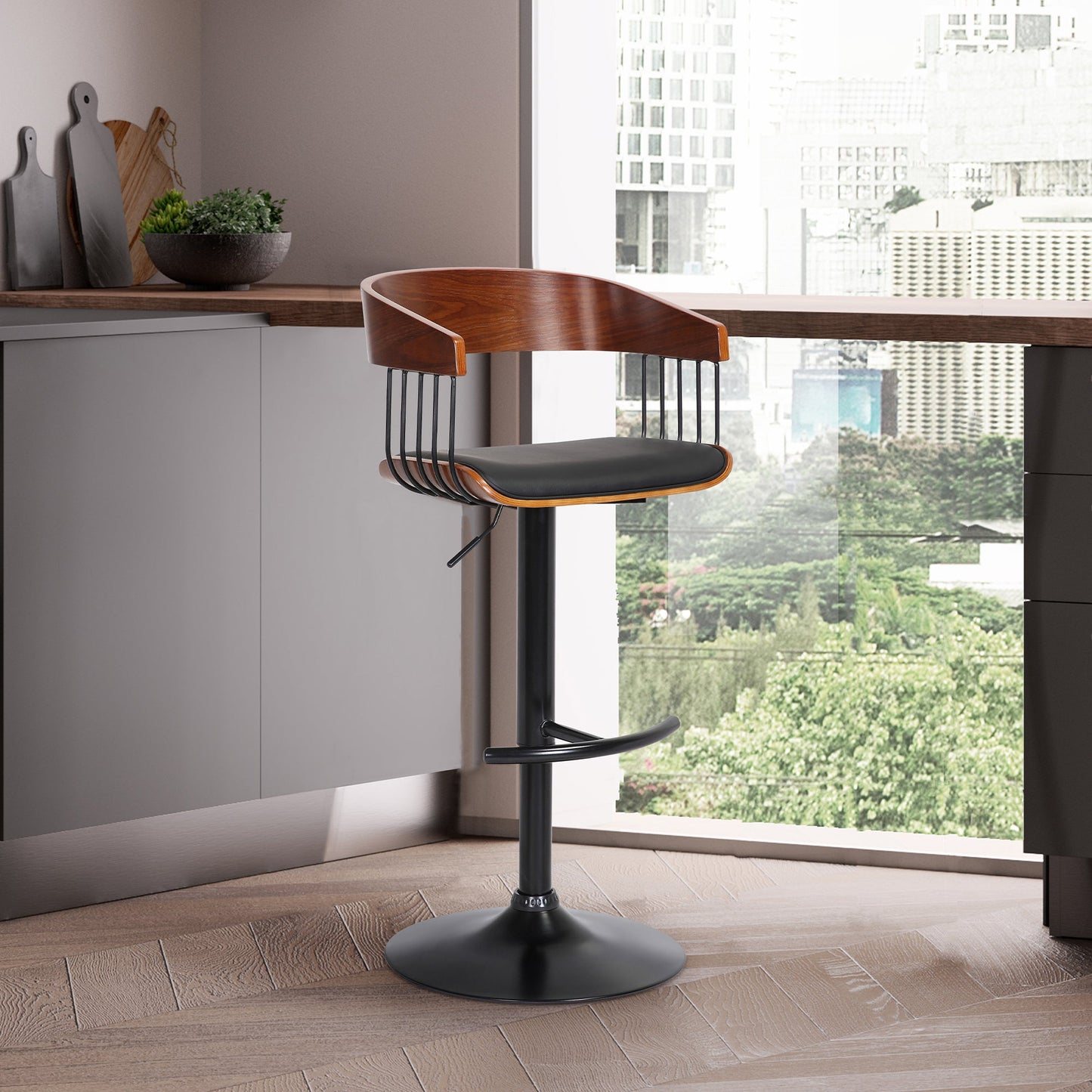 Larisa Adjustable Walnut Wood Bar Stool in Black Faux Leather with Black Metal