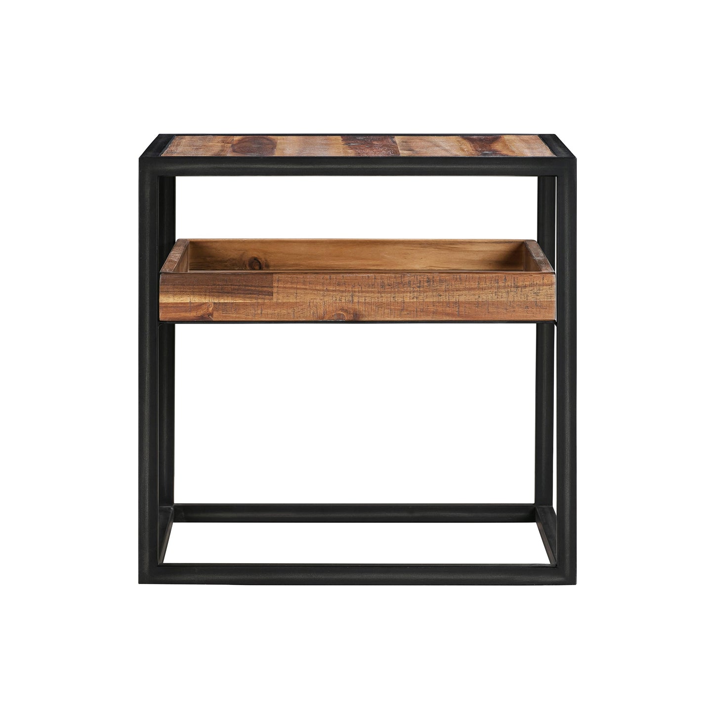 Ludgate Square End Table with Shelf in Acacia and Black Metal