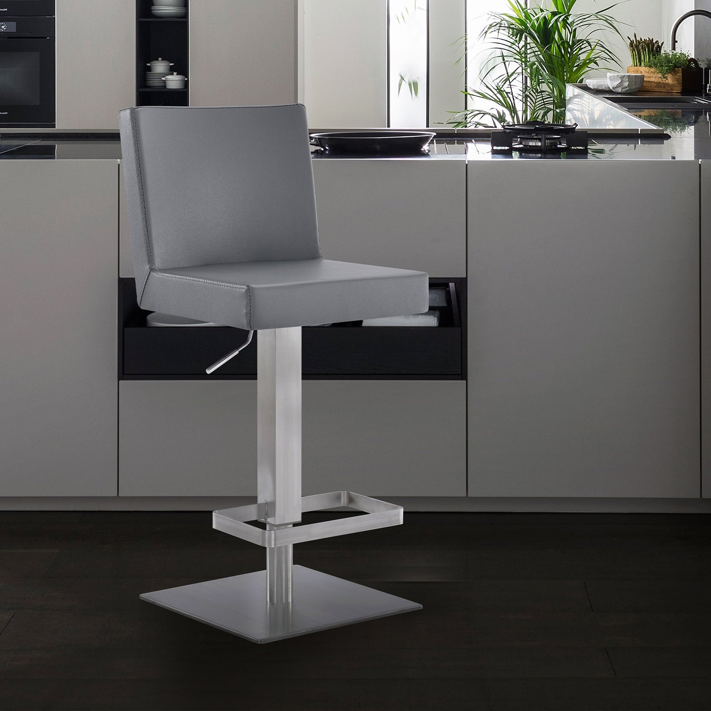 Legacy Adjustable Height Swivel Gray Faux Leather and Brushed Stainless Steel Bar Stool