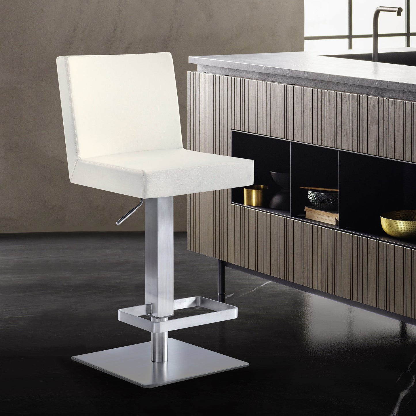 Legacy Adjustable Height Swivel Off-White Faux Leather and Brushed Stainless Steel Bar Stool