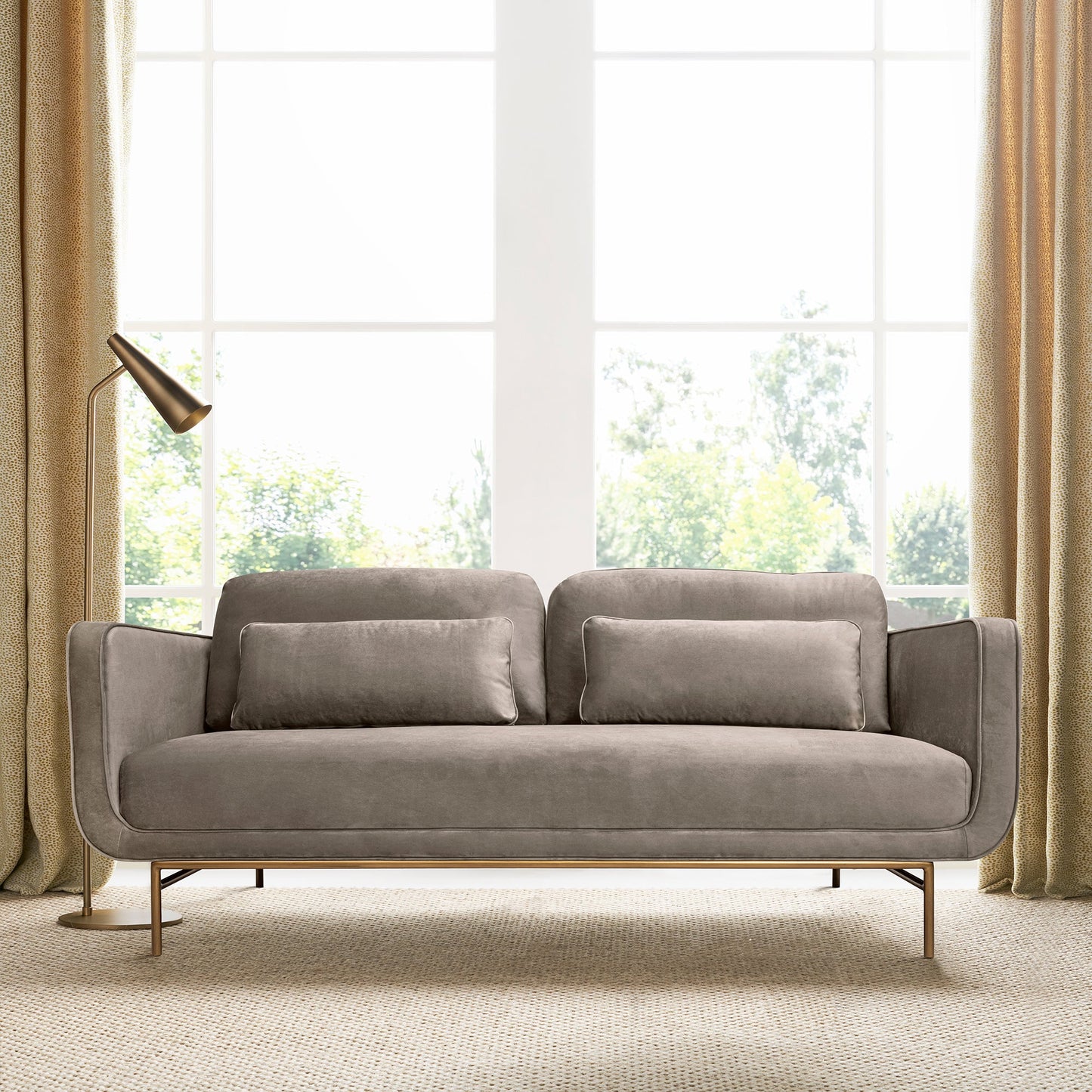 Lilou 77" Fossil Gray Velvet Sofa with Antique Brass Metal Legs