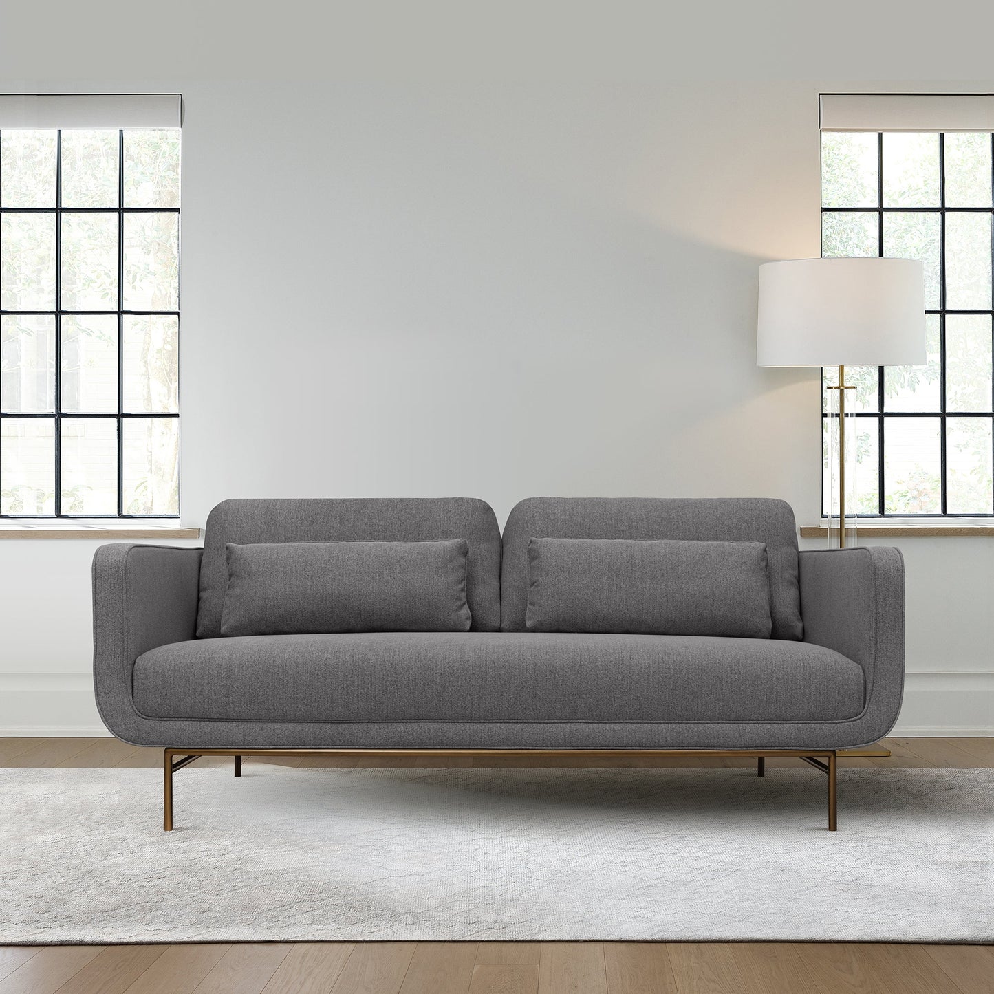 Lilou 77" Gray Fabric Sofa with Antique Brass Metal Legs