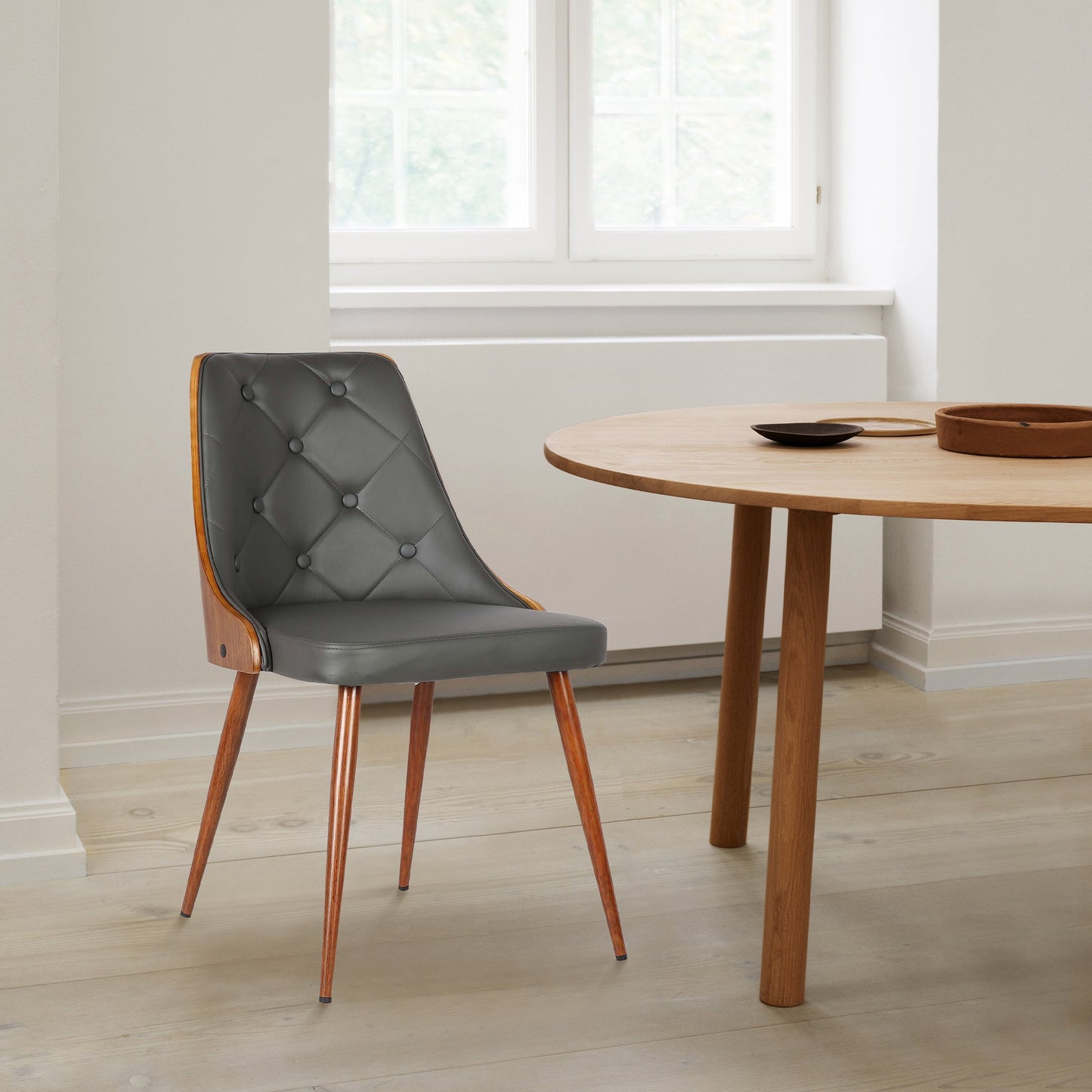 Lily Mid-Century Dining Chair in Walnut Finish and Gray Faux Leather