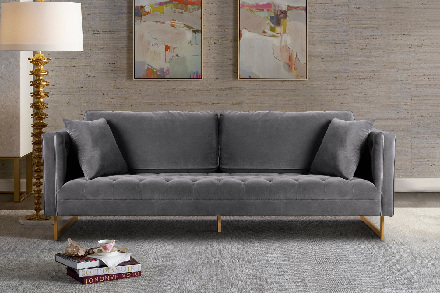 Lenox Gray Velvet Modern Sofa with Brass Legs