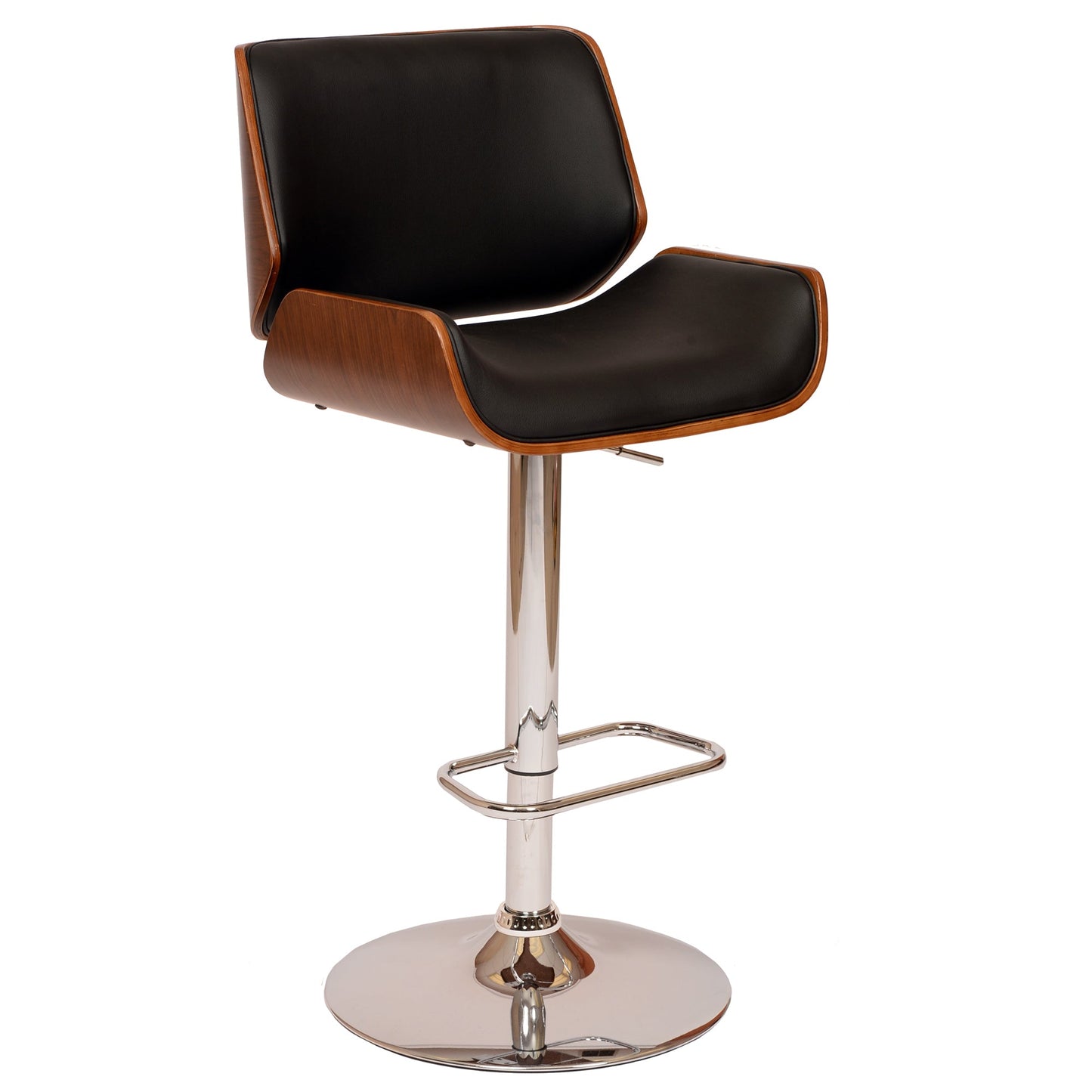 London Black Faux Leather Adjustable Height Swivel Walnut Wood and Chrome Bar Stool