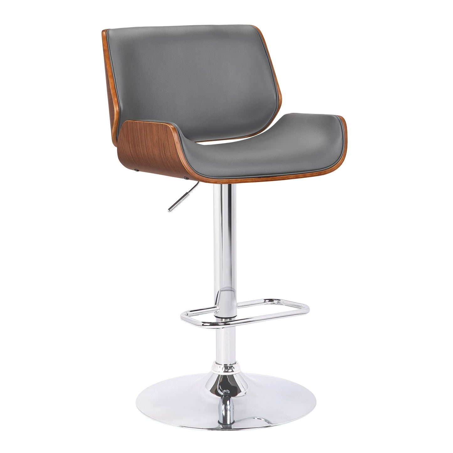 London Gray Faux Leather Adjustable Height Swivel Walnut Wood and Chrome Bar Stool