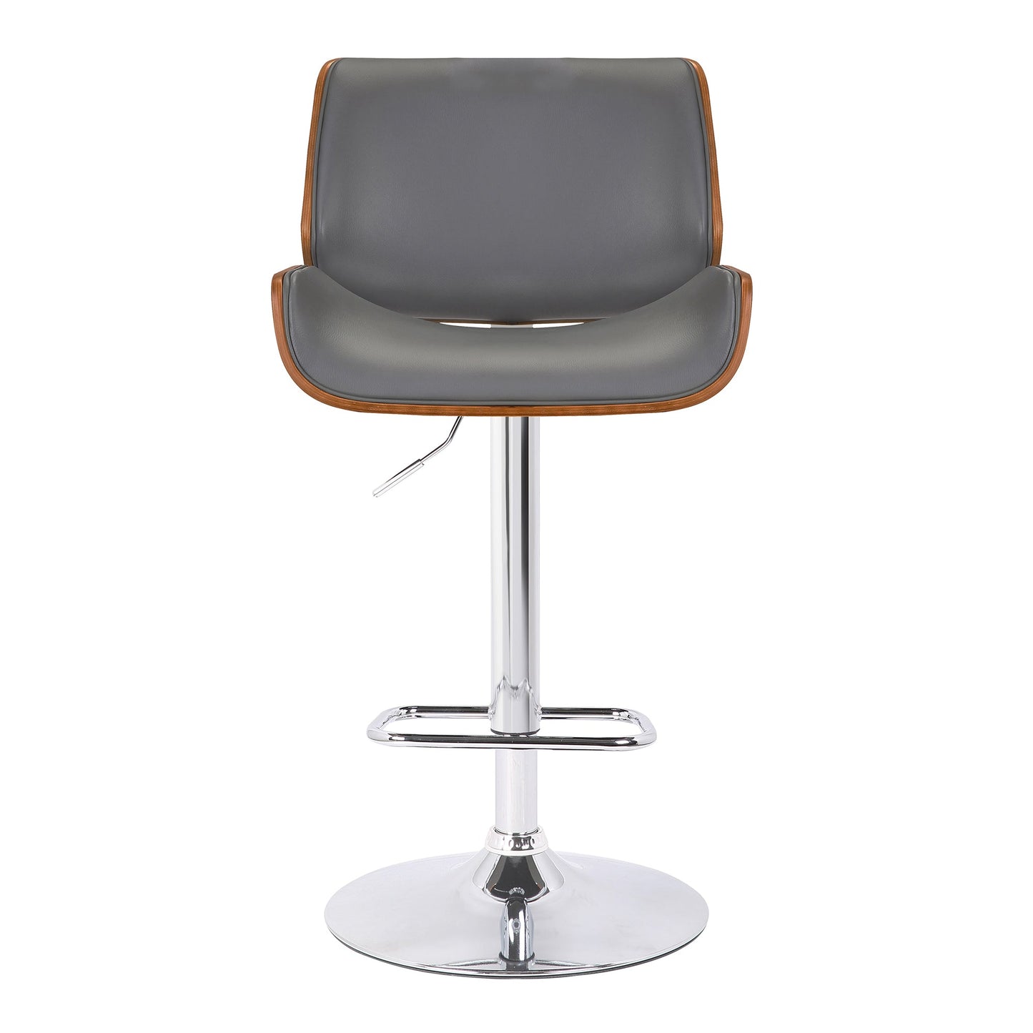 London Gray Faux Leather Adjustable Height Swivel Walnut Wood and Chrome Bar Stool