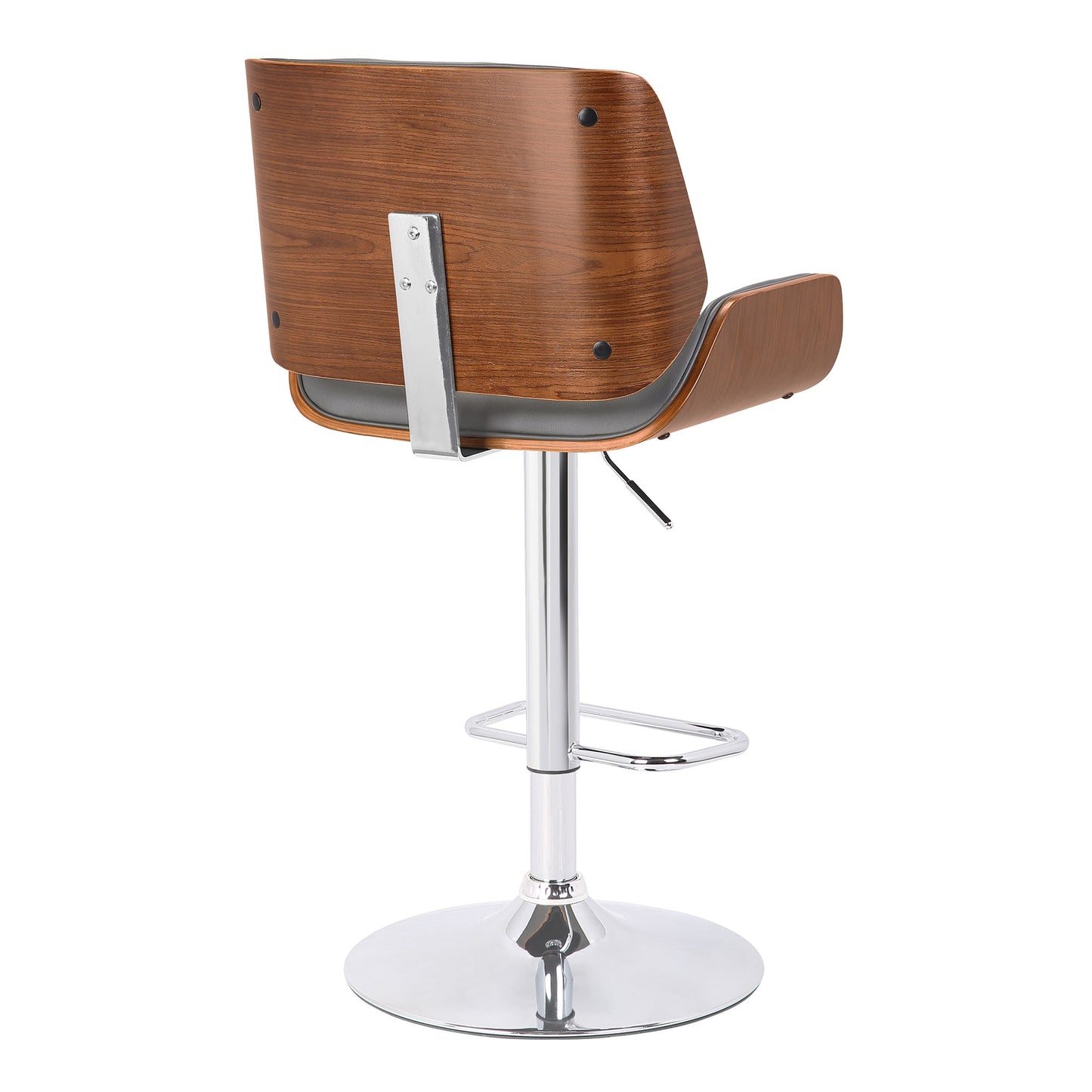 London Gray Faux Leather Adjustable Height Swivel Walnut Wood and Chrome Bar Stool