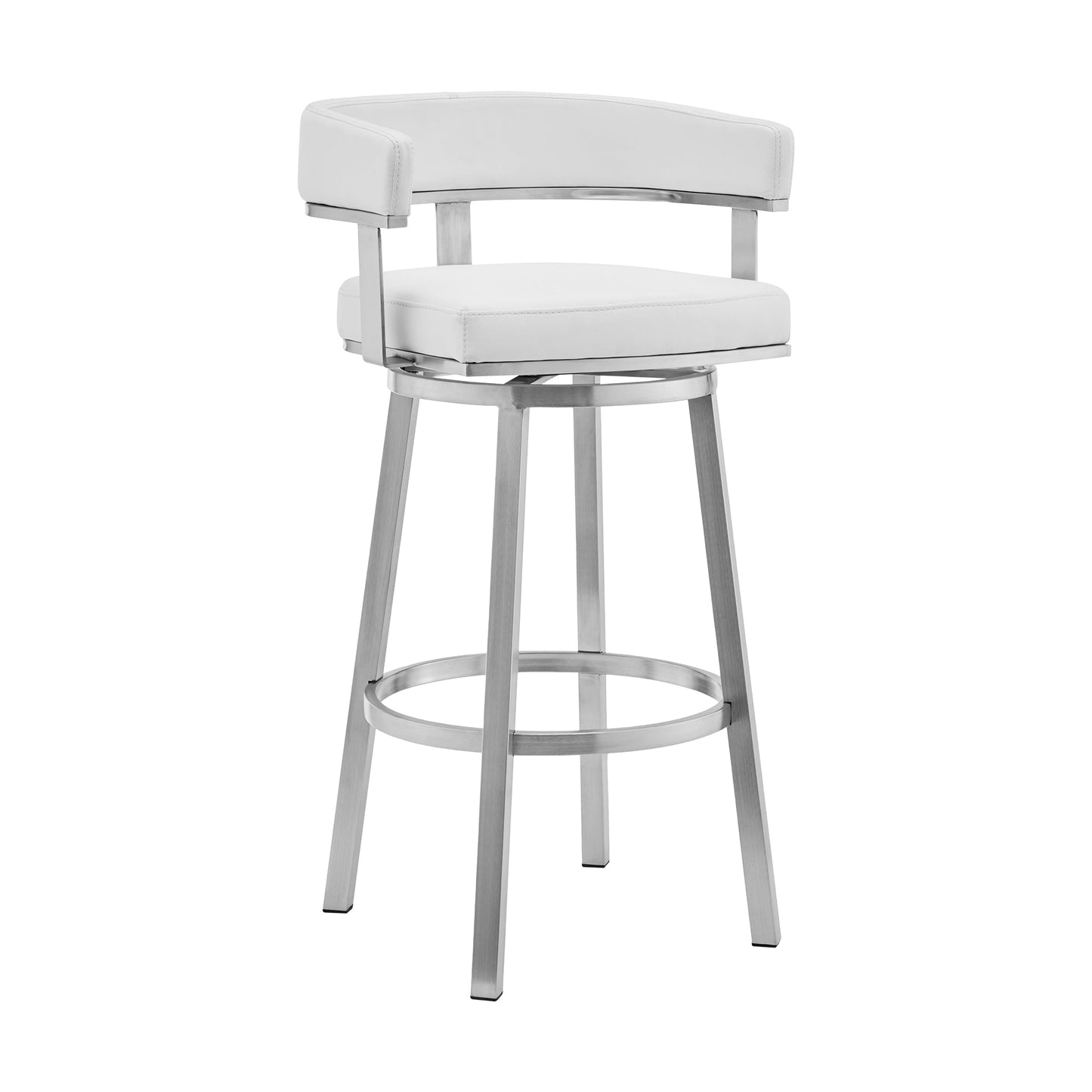 Lorin 26" White Faux Leather and Brushed Stainless Steel Swivel Bar Stool