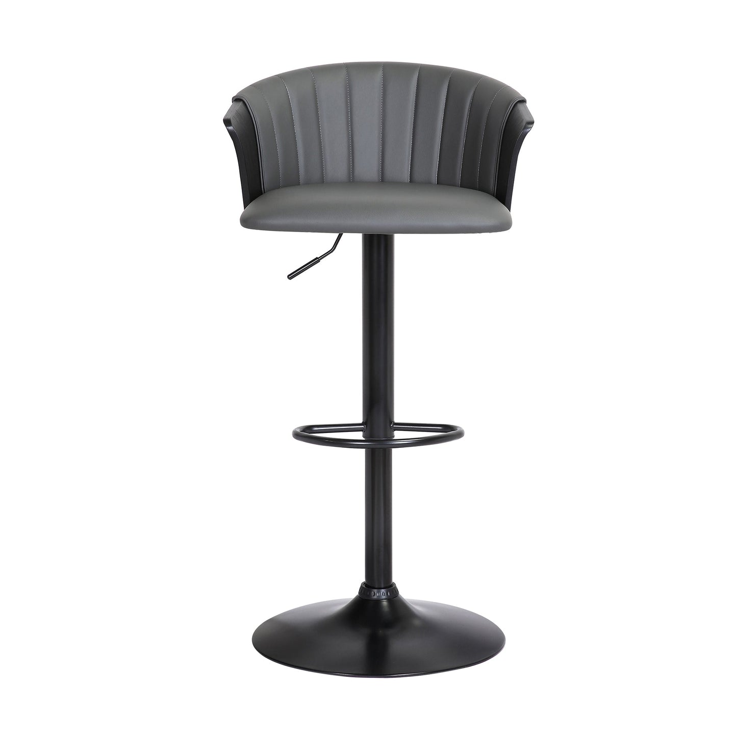 Lydia Adjustable Black Wood Bar Stool in Gray Faux Leather with Black Metal