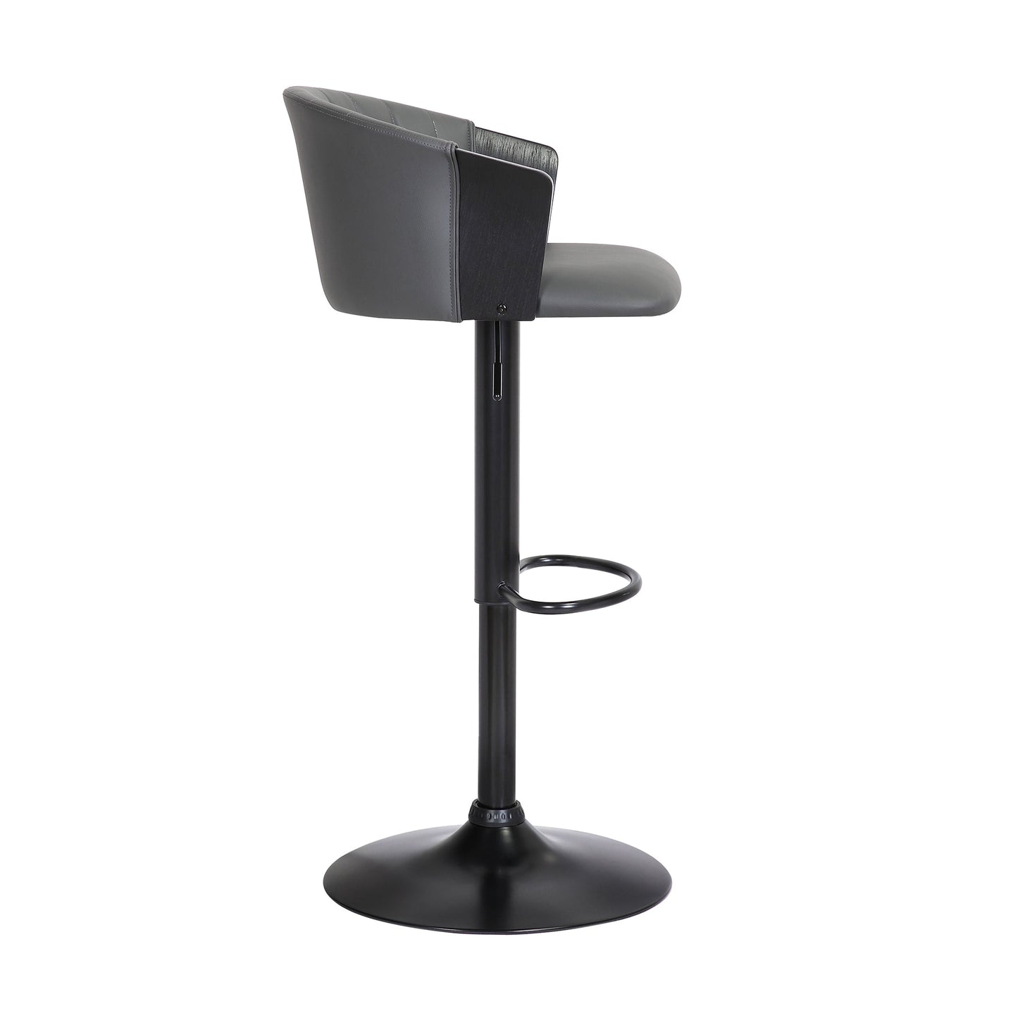 Lydia Adjustable Black Wood Bar Stool in Gray Faux Leather with Black Metal