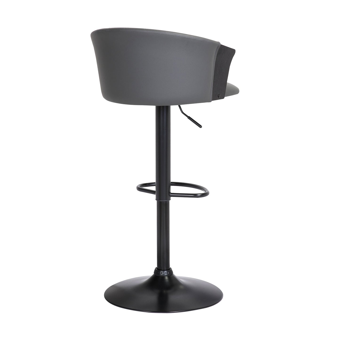 Lydia Adjustable Black Wood Bar Stool in Gray Faux Leather with Black Metal