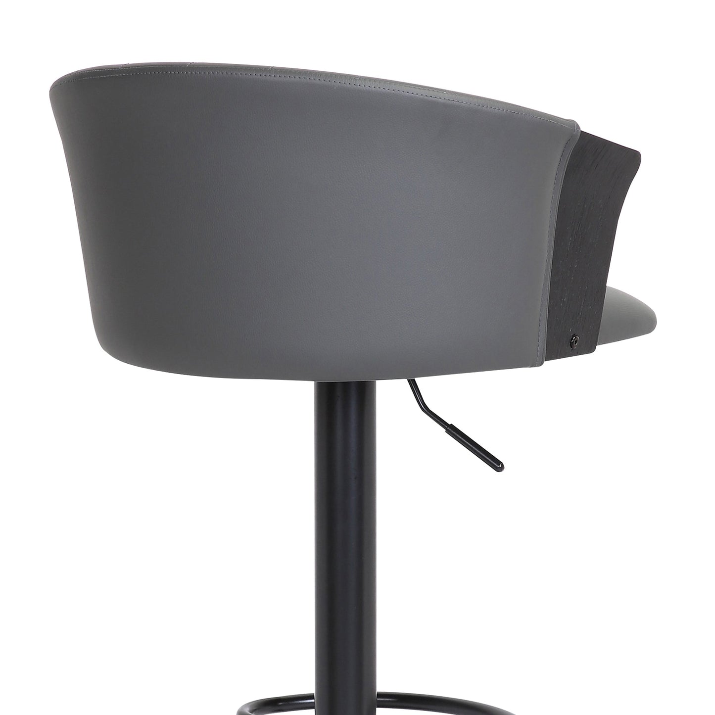 Lydia Adjustable Black Wood Bar Stool in Gray Faux Leather with Black Metal