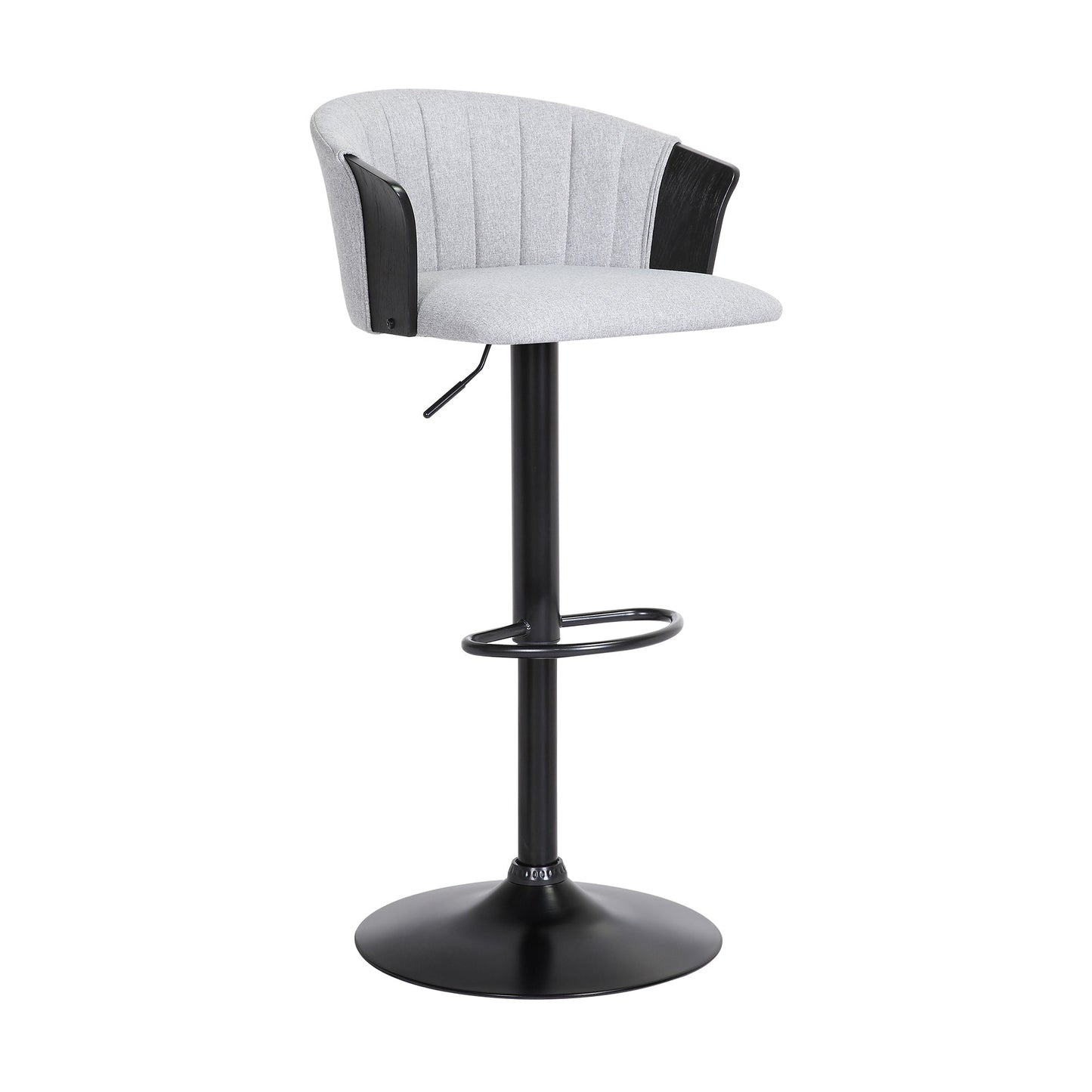 Lydia Adjustable Black Wood Bar Stool in Light Gray Fabric with Black Metal