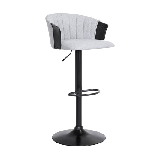 Lydia Adjustable Black Wood Bar Stool in Light Gray Fabric with Black Metal