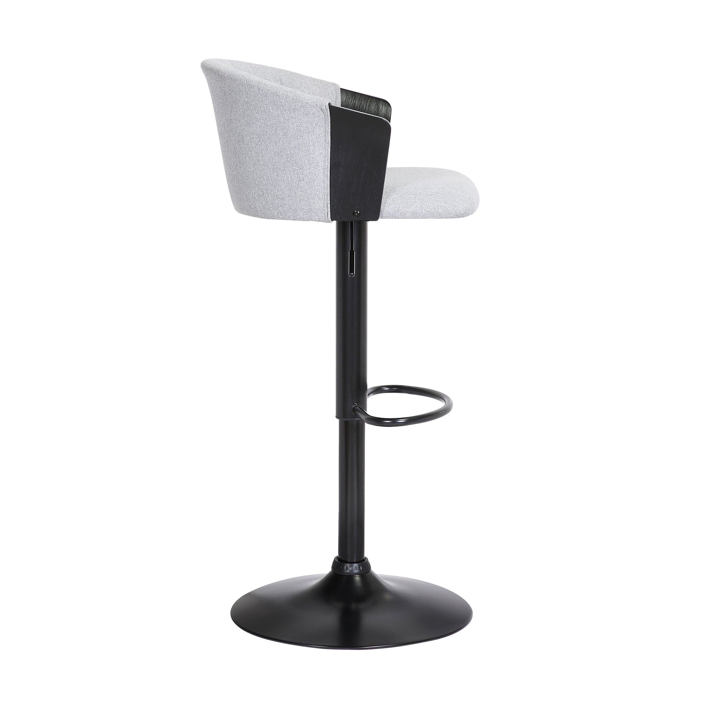 Lydia Adjustable Black Wood Bar Stool in Light Gray Fabric with Black Metal