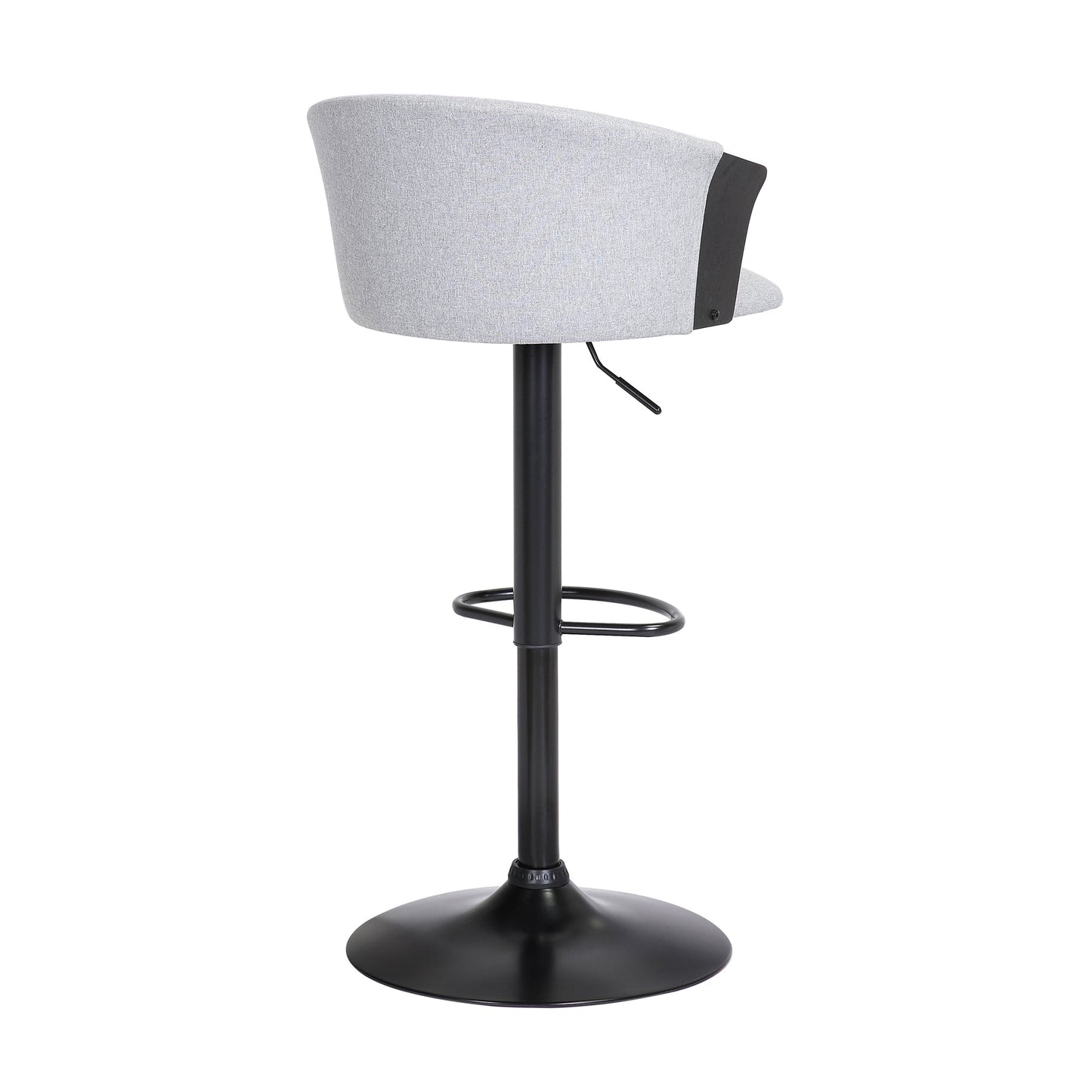 Lydia Adjustable Black Wood Bar Stool in Light Gray Fabric with Black Metal